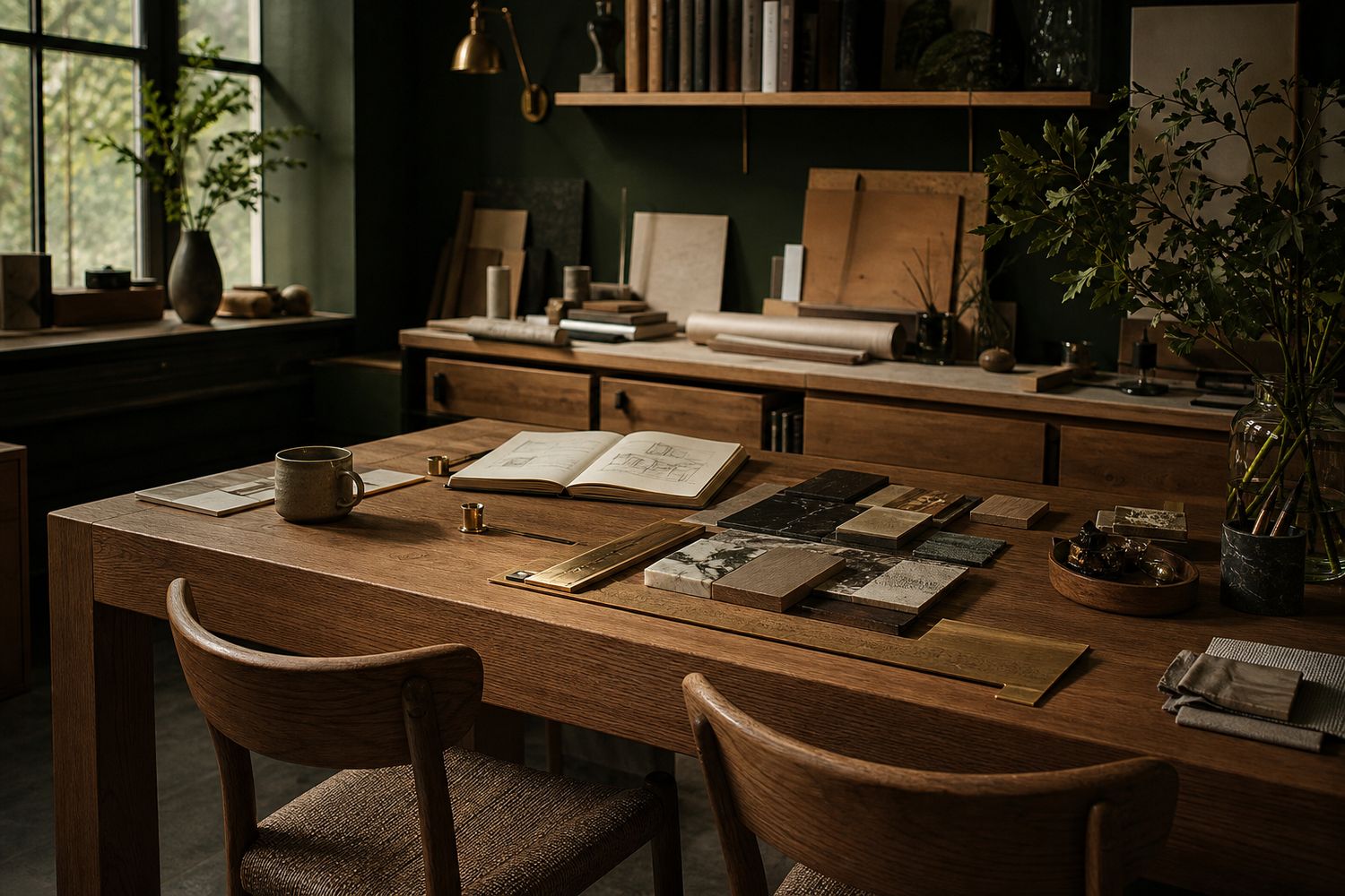 Oak consultation table with sketchbook and material samples