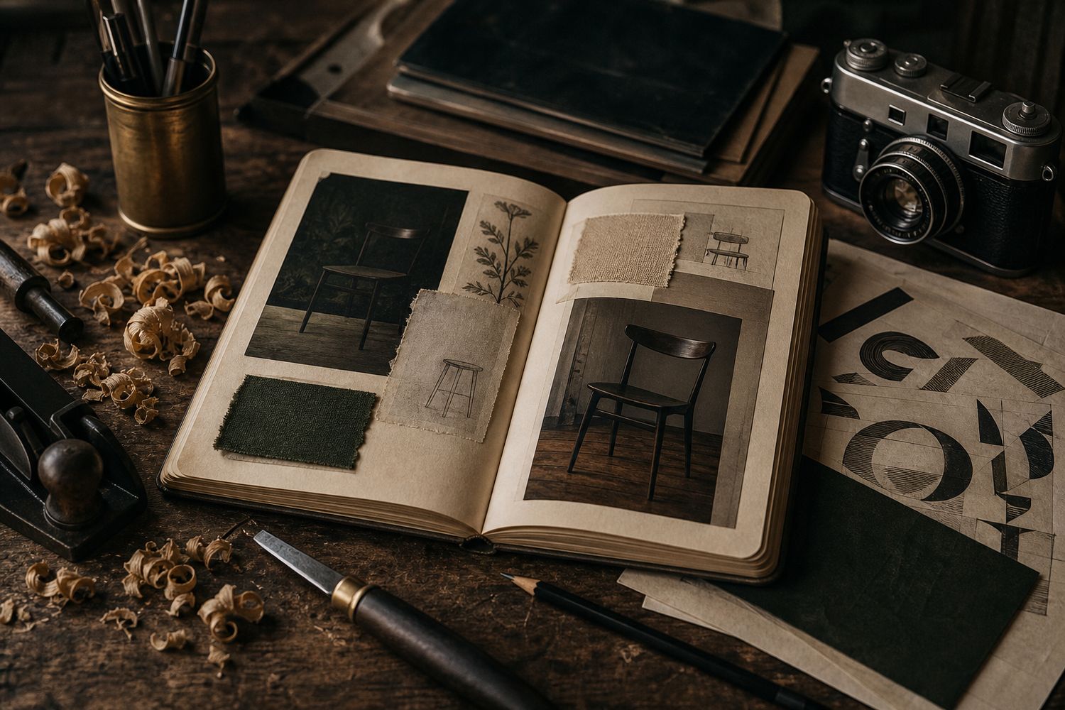 Open craft journal with tools, oak shavings, and camera