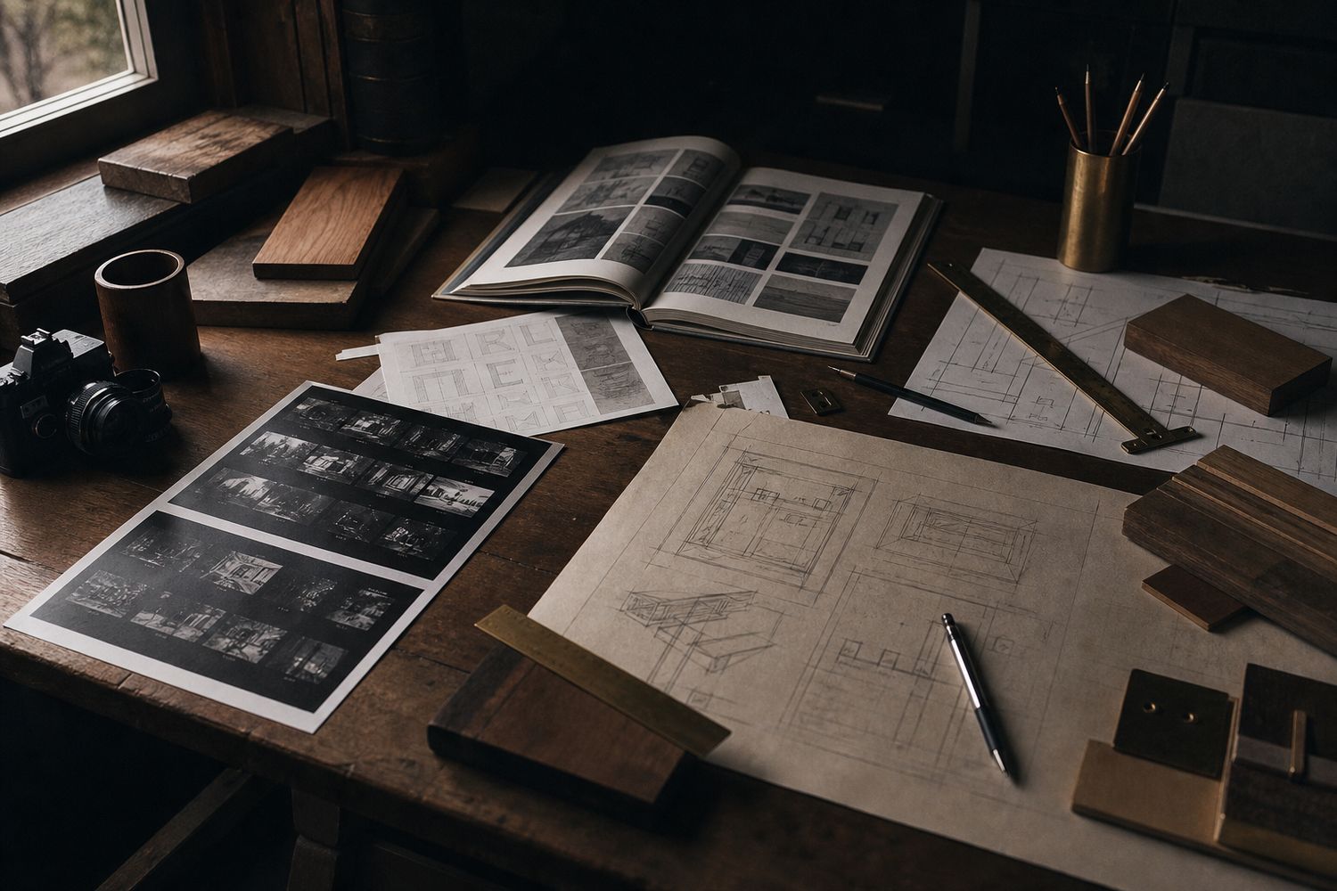 Oak, print proofs, camera, and workshop tools arranged on a table