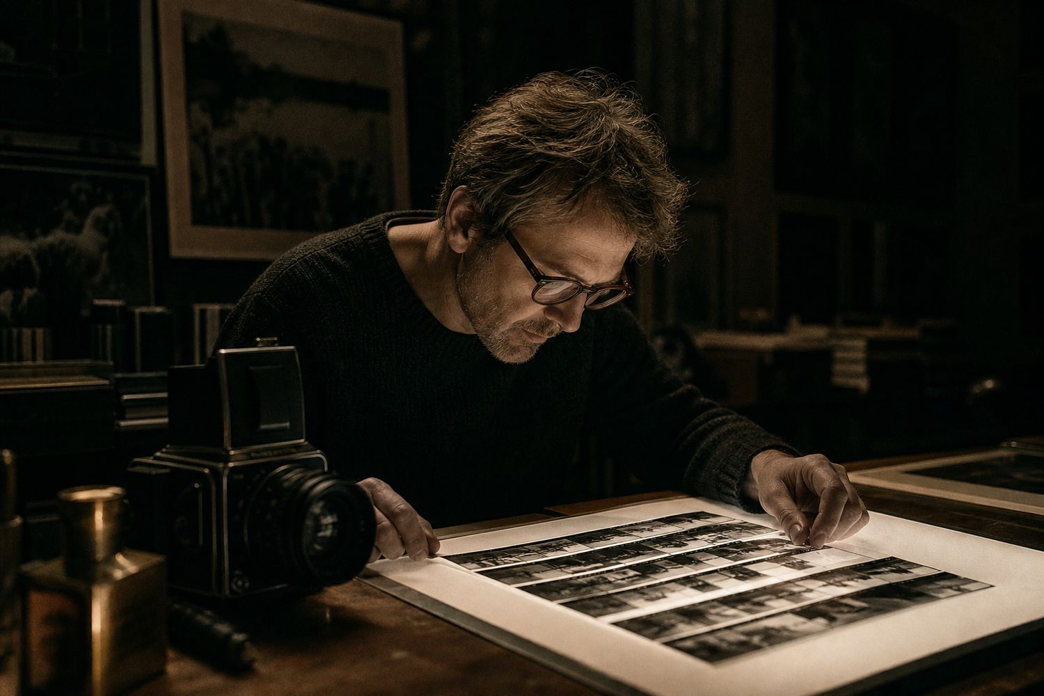 Photographer reviewing contact sheets